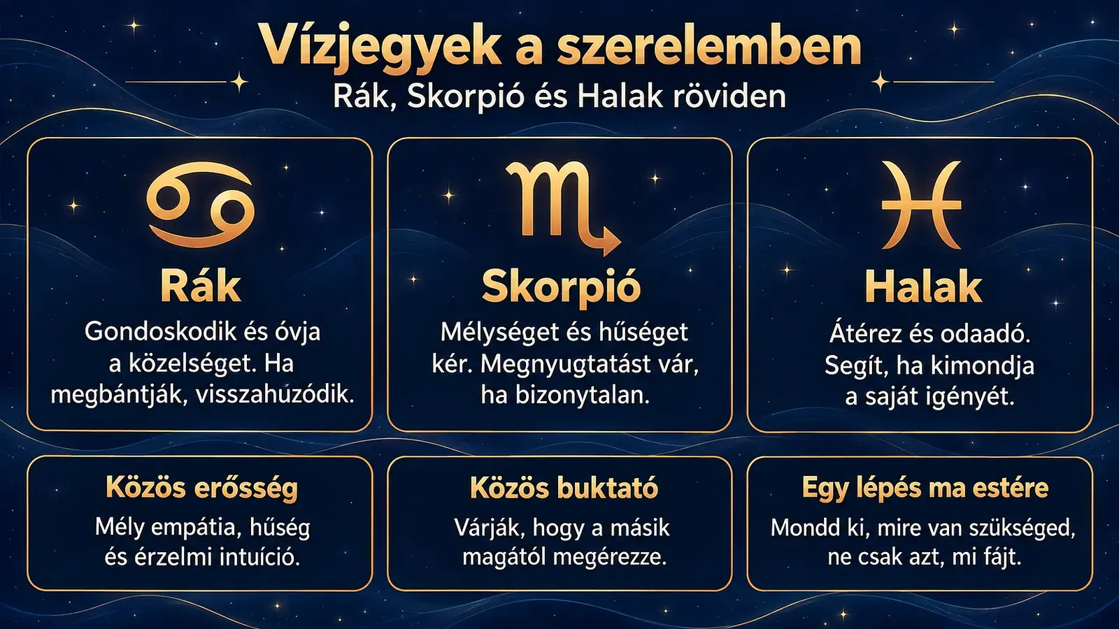 Összefoglaló ábra a vízjegyekről: a Rák, a Skorpió és a Halak erősségei, közös buktatójuk és egy gyakorlati lépés