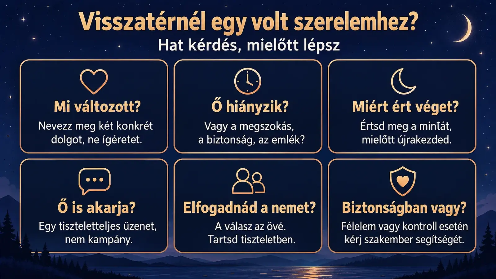 Összefoglaló ábra hat kérdésről, amelyet érdemes végiggondolni, mielőtt valaki újra megkeres egy volt szerelmet