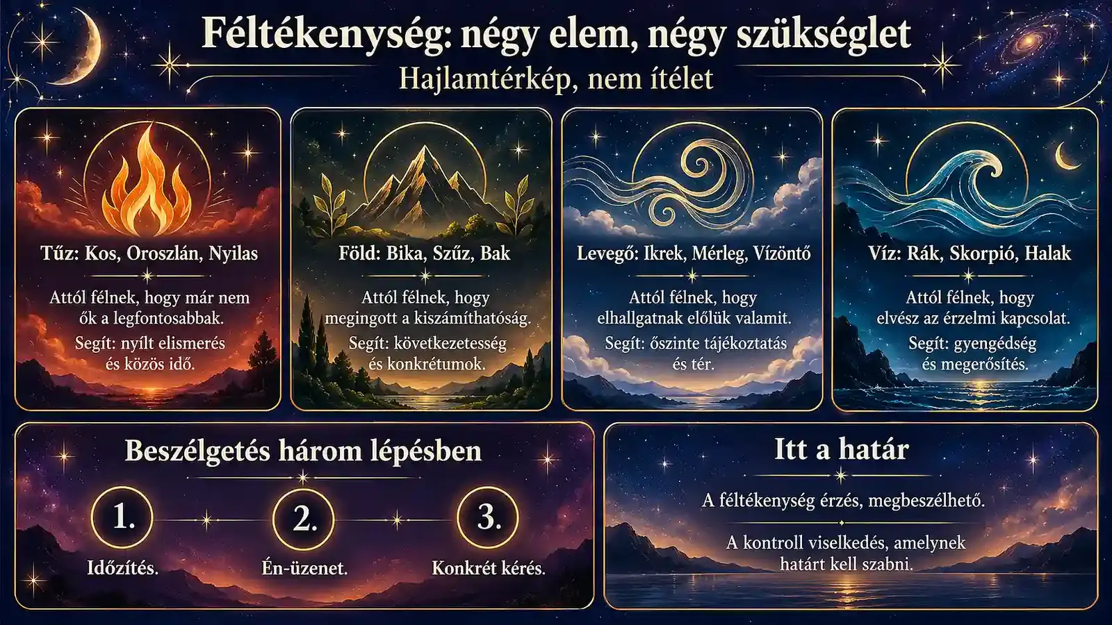 Infografika a féltékenységről elemek szerint: tűz, föld, levegő és víz jegyek félelme és ami csillapítja, három beszélgetési lépés és a határ a kontrolláló viselkedésnél