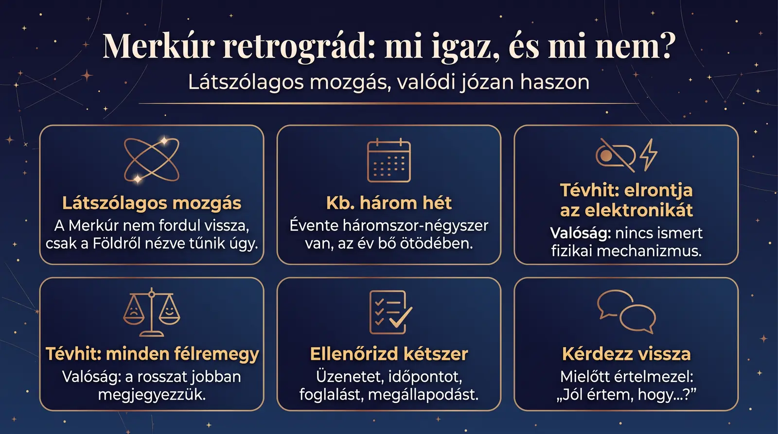 Infografika a Merkúr retrográdról: látszólagos mozgás, kb. három hét, két tévhit és a valóság, valamint két gyakorlati tipp: ellenőrizd kétszer, és kérdezz vissza